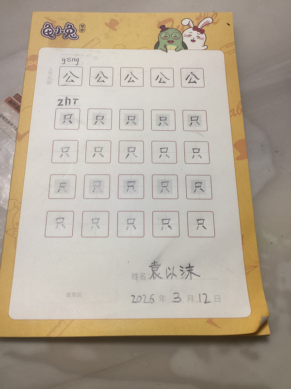 龟小兔写字优秀作品展示：沫沫/幼儿园大班/练字1天
