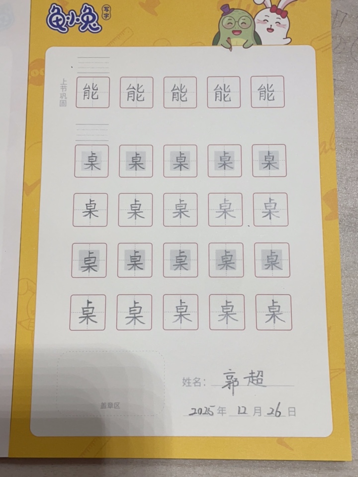 龟小兔写字优秀作品展示：诺亚/二年级/练字1天